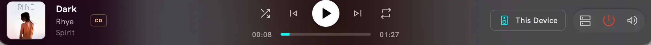 Player bar with now playing information, transport controls and output buttons